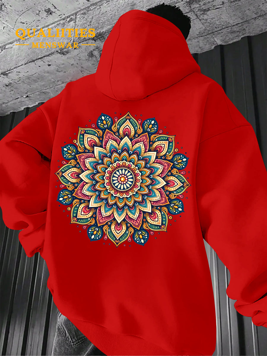 Men's "Mandala" Print Hooded Sweatshirt - Relaxed Fit, Simple and Distinctive Design, Loose Cut for Comfort and Style, Machine Washable Casual Pullover for Autumn/Winter, Suitable for Casual Wear, Hooded Sweater, Winter Apparel, Fashionable Design - Red