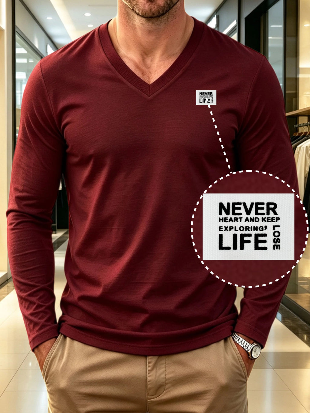 100%, Men'S V-Neck Long Sleeve Short-Sleeve T-Shirt, Men'S Knit Sweatshirt, Casual Sports Outdoor Top, Men'S Casual All-Match T-Shirt, Back to School Season, Gift for Friends - Wine Red 2