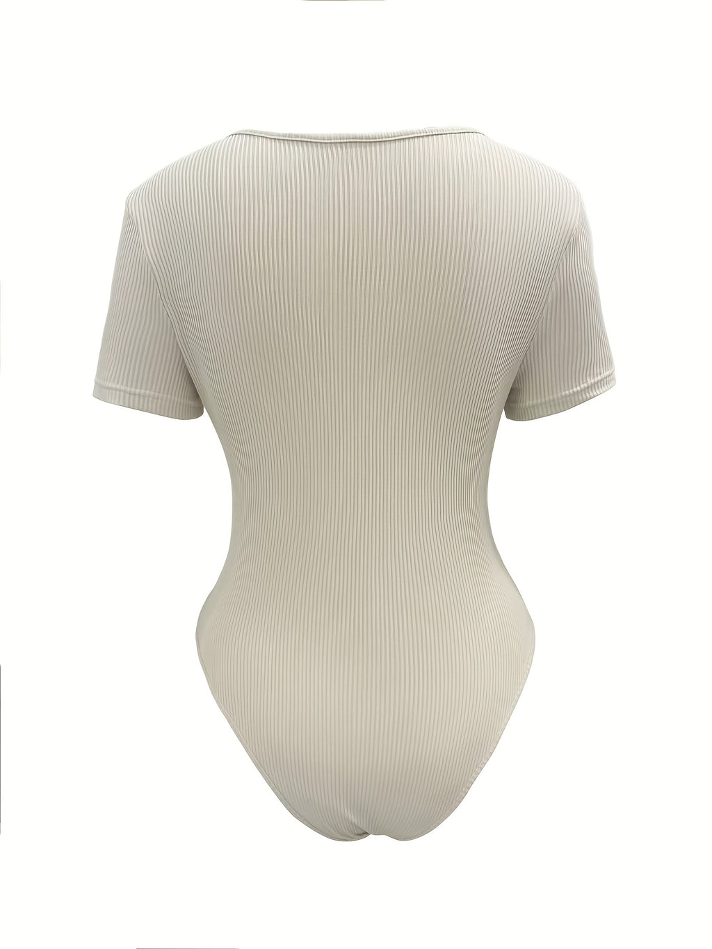 1pc Women's Minimalist Basic Style Ribbed Swing Neck Short Sleeve 1pc Stretchy Slim-fit Crotch Snap-button Vest, Suitable for Commuting, Daily, and Streetwear - Apricot