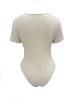 1pc Women's Minimalist Basic Style Ribbed Swing Neck Short Sleeve 1pc Stretchy Slim-fit Crotch Snap-button Vest, Suitable for Commuting, Daily, and Streetwear - Apricot