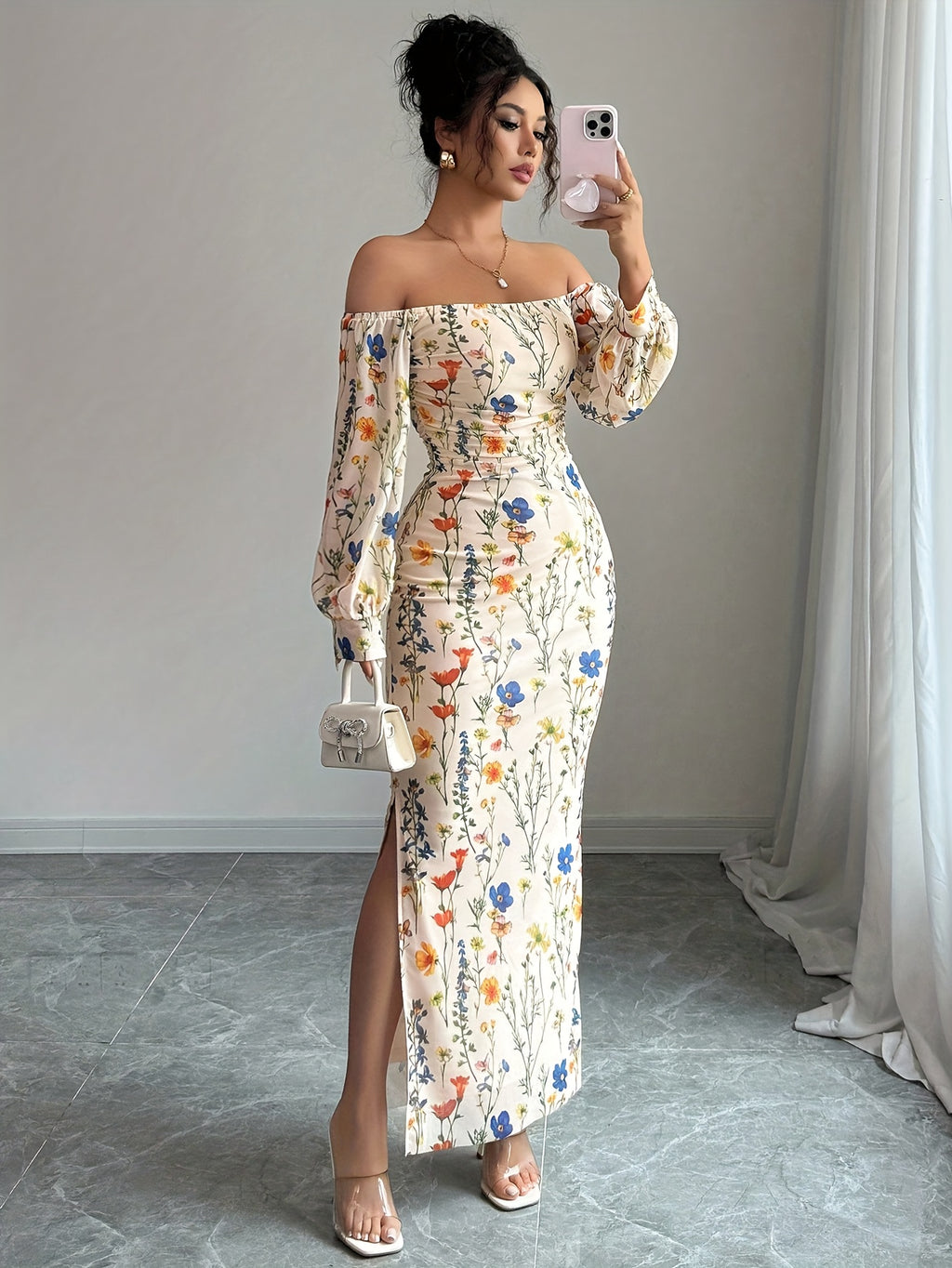 Elegant And Fashionable New Autumn And Winter Floral Flower Print Off-The-Shoulder Long-Sleeved Puff Sleeve Waist And Body-Shaping Hip-Wrapped Slit Holiday Dating Women'S Dress - Multicolor