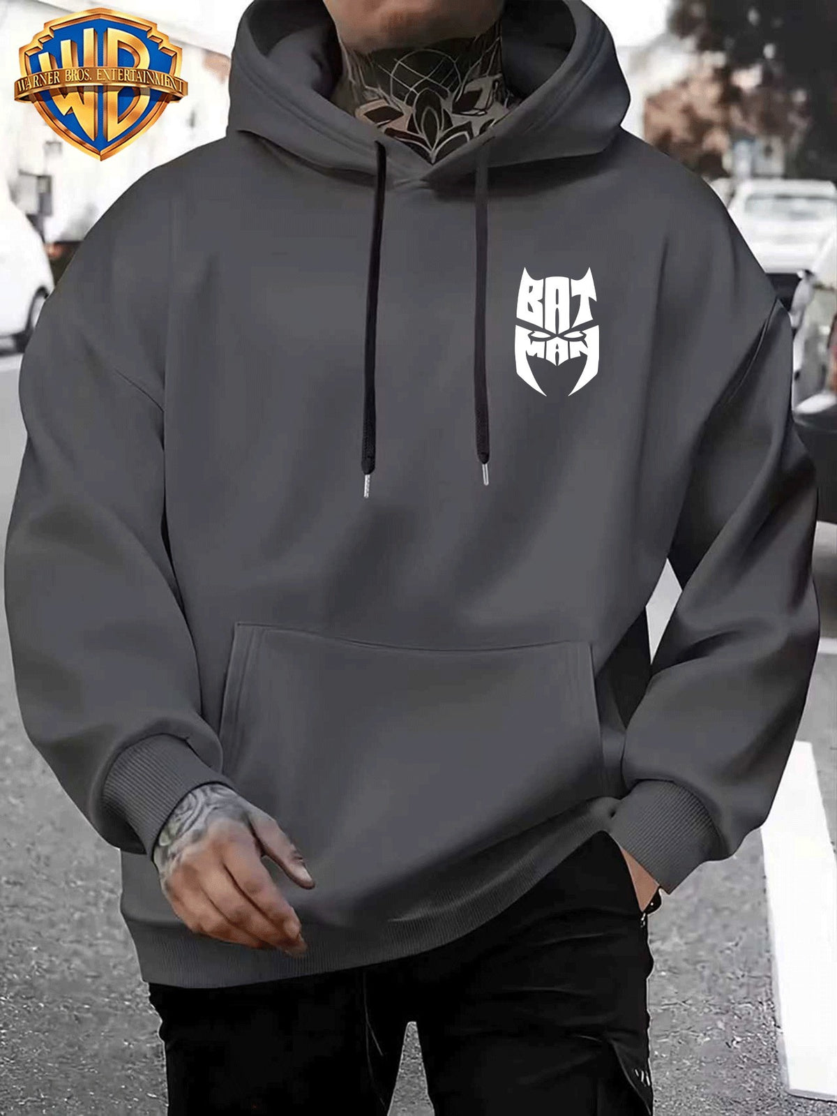 Casual Sporty Loose Hooded Sweatshirt, Retro Batman Comic Patchwork Cartoon Print, Men'S Casual All-Match Adjustable Drawstring Hoodie Comfortable Casual Autumn Winter Wear, for Sports, Outdoors, Picnics, Travel, Daily Home Wear - Dark Gray