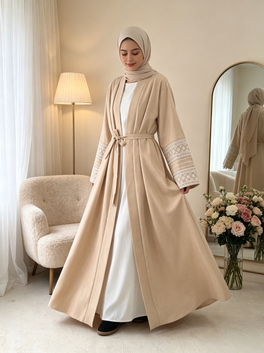 1pc Solid Elegant Casual () Double-Tone Jersey Breathable Supportive Good Fit, Exquisite Embroidery Craft Fashion Abaya Spring Summer Autumn for Women'S Daily Wear - Off-white