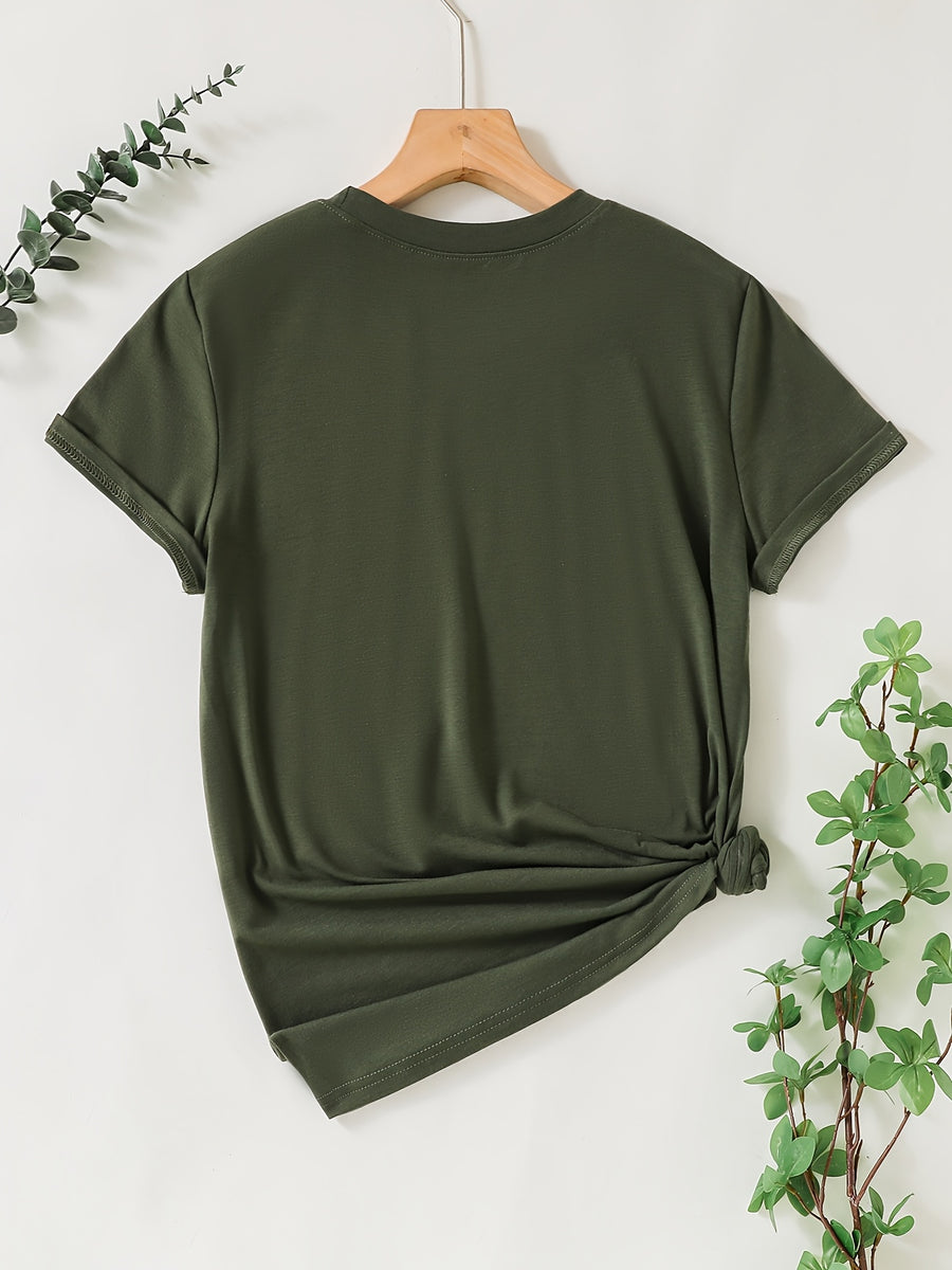 Calvin, Spring and Summer Graphic Print T-shirt, Short Sleeve Crew Neck Casual Top for Summer & Spring, Women's Clothing - fern green