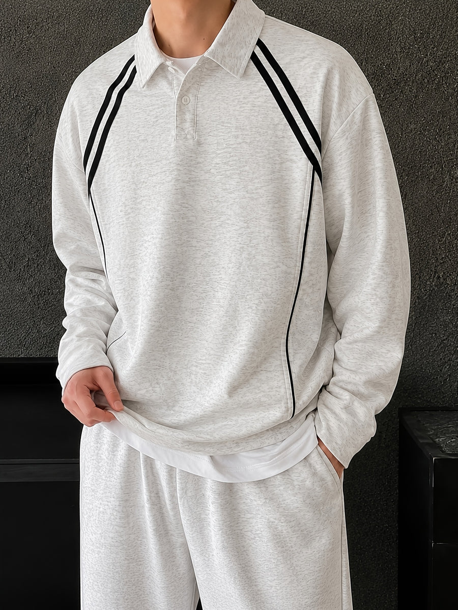 American Retro Sport Style Lapel Sweatshirt, Striped Color-Block Design Men'S Casual Loose Long Sleeve T-Shirt Pullover - Light Grey