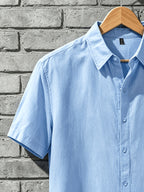 A Versatile Men'S Short-Sleeved Shirt for Summer, Featuring a Easy Solid Color Collar Design And Breathable Fabric for Long-Lasting Freshness. Available in Multiple Colors, It Is Easy to Handle for Casual Commuting. (solely Includes 1 Top) - Sky Blue