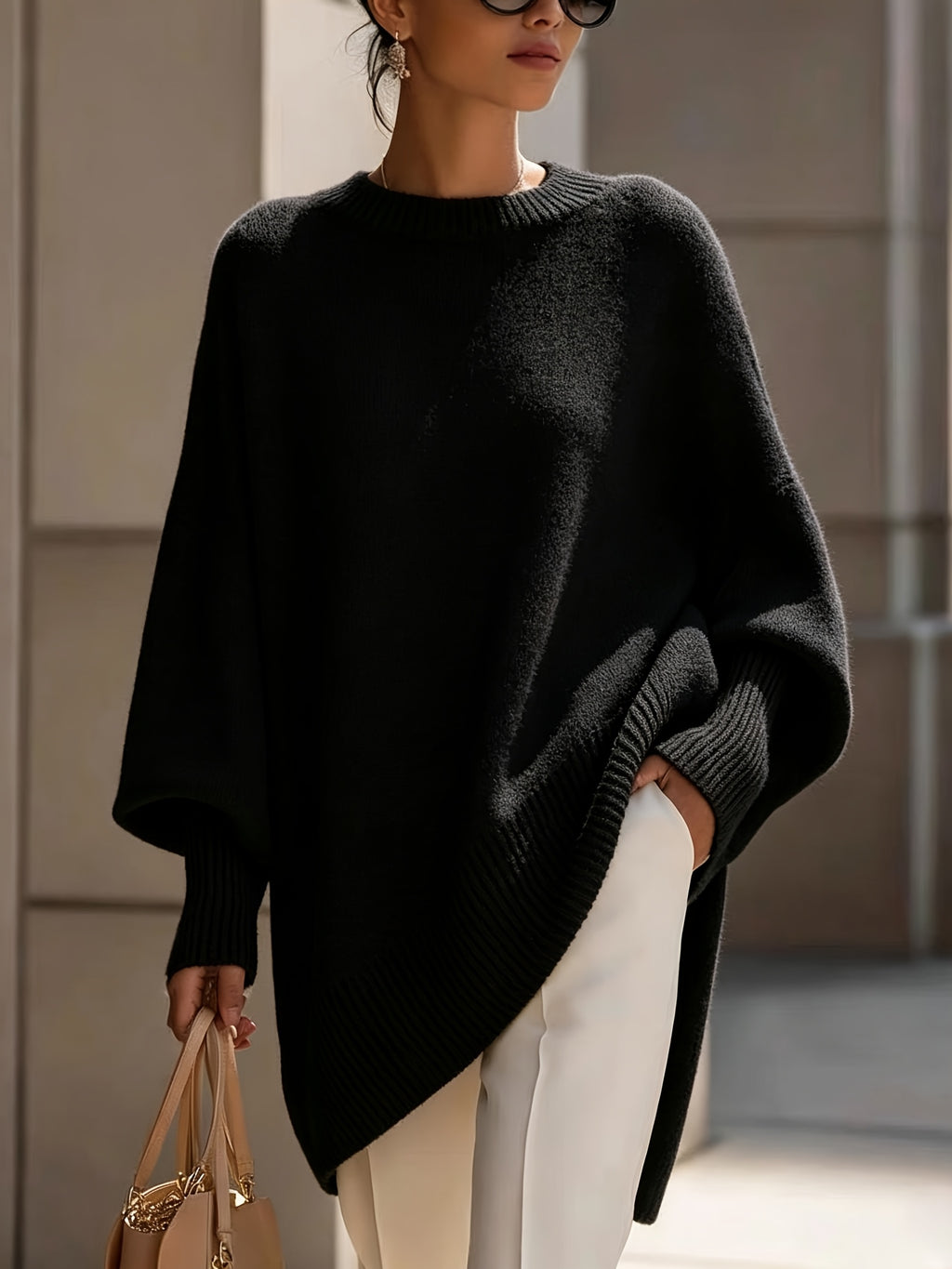 French-style Relaxed Silhouette Top, Irregular Slanted Hem Loose Lantern Sleeve Sweater, Gentle and Elegant Loose Fit That Is, Urban Casual Style - Black