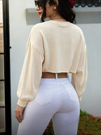 Women'S Loose Ribbed Short Top - Casual Retro Oversized Long Sleeve Blouse, Suitable for Casual/High-Waist Pairing, Versatile Daily/Streetwear Style 9A11841 - Apricot