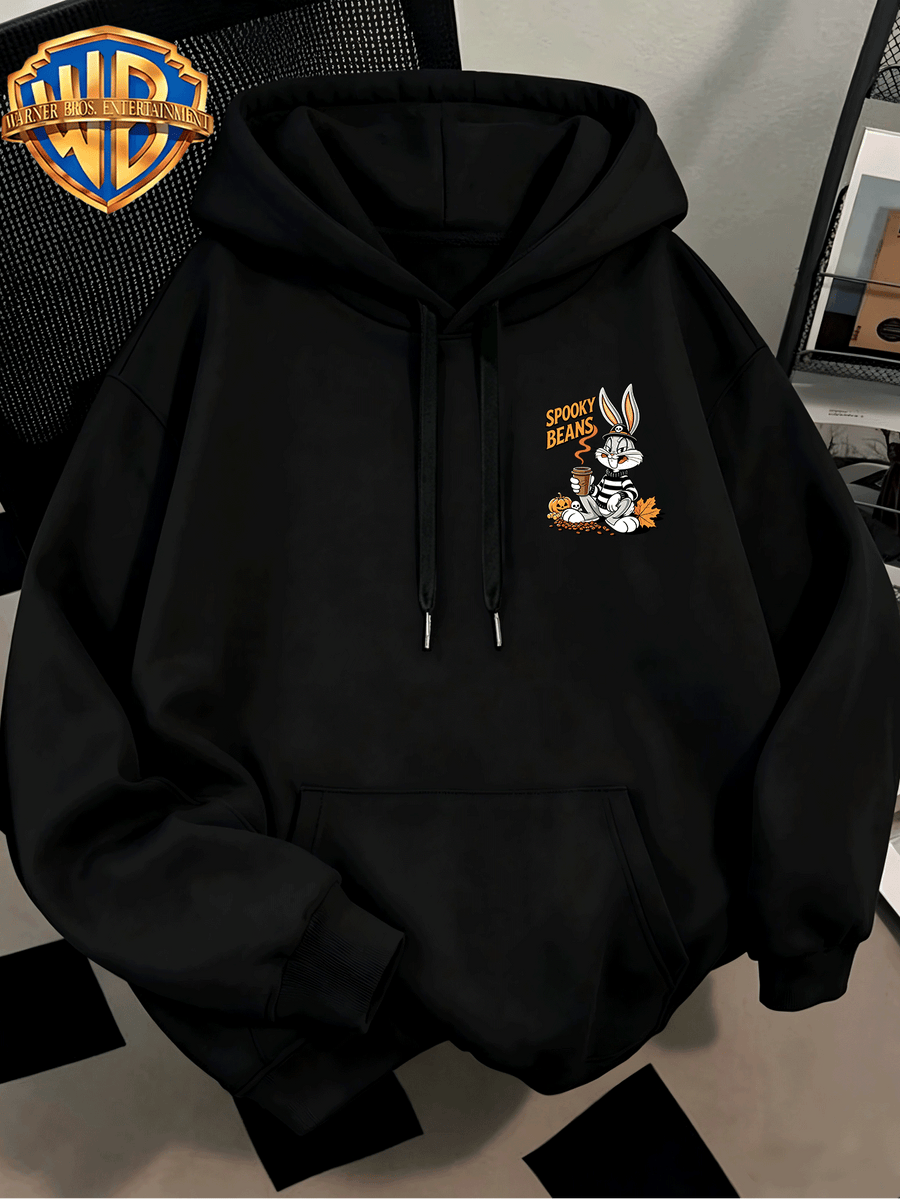 Fashion Hip Hop Print Fashion Brand Casual Versatile Sports Drawstring Pocket Hooded Men'S Sweater, Men'S Autumn And Winter Cute Casual Style, Sports Style Fashion Loose Hoodie, Daily Casual Wear - Black