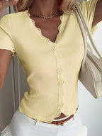 Women'S Lace Ruffle Slim Cardigan Short Sleeve Solid Color Top, New Women'S Comfortable Lace Stitching Button Short Sleeve Top, Solid Color Lace Stitching Easy Solid Color Top - Yellow