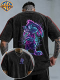 Official Warner Bros. Licensed Product: Neon Effect SEG-Style  Arm-Folded Fashion Glasses Cool Back Print Short-Sleeve T-Shirt, Contrast Striped Sleeve Crew Neck Casual Sport Top. Suitable for Outdoor Sports, Gym, Daily Commuting, and Gifting - Black
