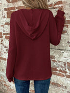 Women's Spring/Autumn Wine Red Waffle Hoodie with V-Neck, Half-Button Placket, Loose Fit for a Effect, Long Sleeves, Suitable for Street Photography and Vintage Outfits - Burgundy