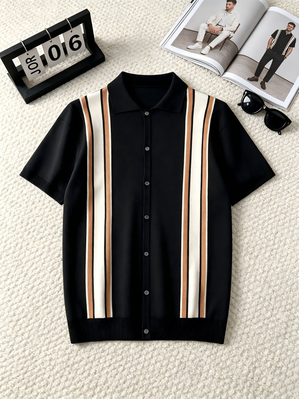 Retro Color-Block Vertical Stripe Men'S Knit Cardigan, Lapel Design Casual Date Versatile Short-Sleeve Top - Black