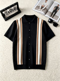 Retro Color-Block Vertical Stripe Men'S Knit Cardigan, Lapel Design Casual Date Versatile Short-Sleeve Top - Black