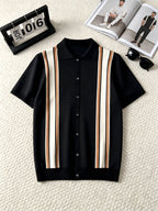 Retro Color-Block Vertical Stripe Men'S Knit Cardigan, Lapel Design Casual Date Versatile Short-Sleeve Top - Black