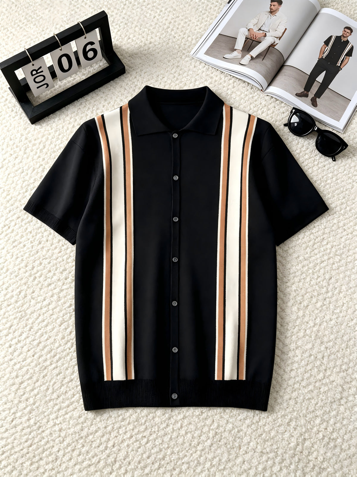 Retro Color-Block Vertical Stripe Men'S Knit Cardigan, Lapel Design Casual Date Versatile Short-Sleeve Top - Black