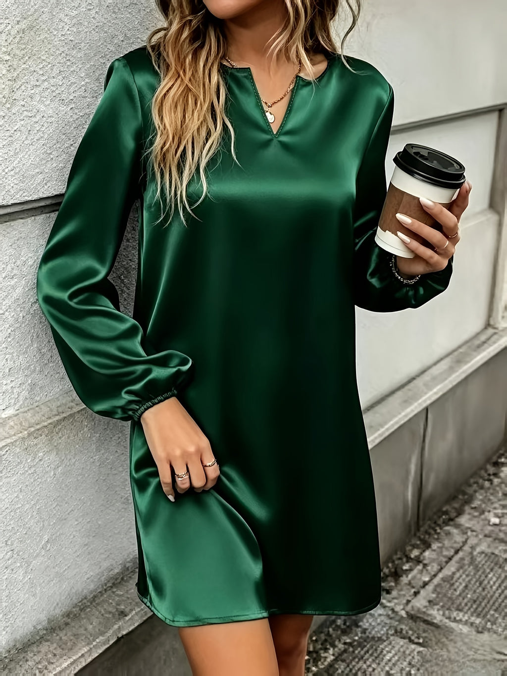 New Section Versatile Easy High-End Elegant V-Neck Solid Color Dress - Dark Green