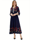 Bohemian Style Women'S Floral Embroidered Maxi Dress - V-Neck, 3/4 Sleeve, Elastic High Waist, Slight Flare Skirt, Ideal for Wedding Guests, Vacation, And Casual Wear - Navy blue color