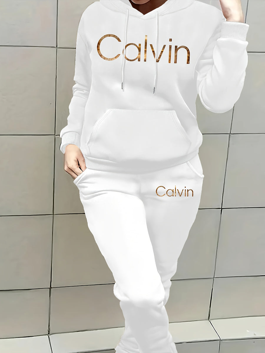 Graphic Print Two-Piece Set, Crew Neck Sweatshirt And Pants, Women'S Clothing - White 1