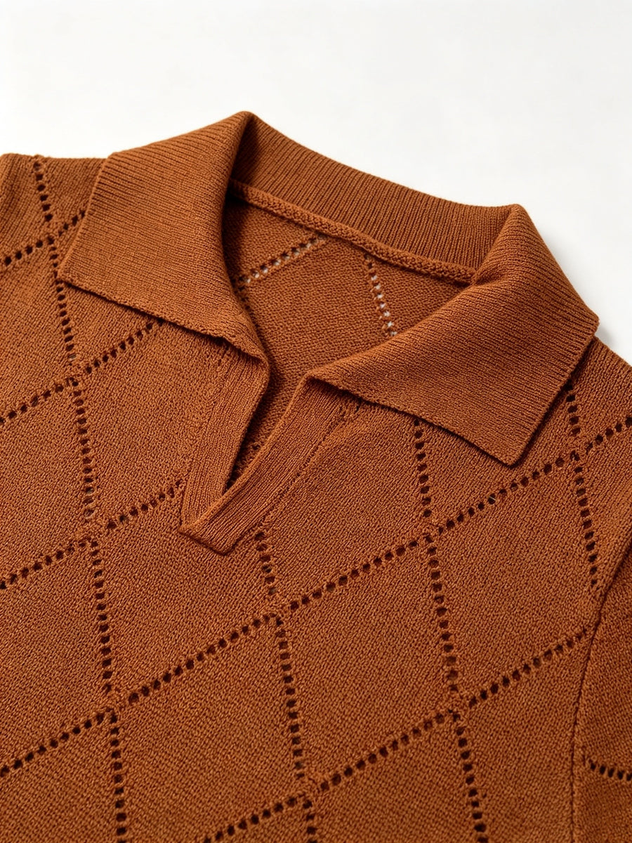 Men's Polo Collar Short Sleeve Knit Shirt, Textured Knit Top, V-Neck Lapel, Breathable Casual Pullover - Coffee Color