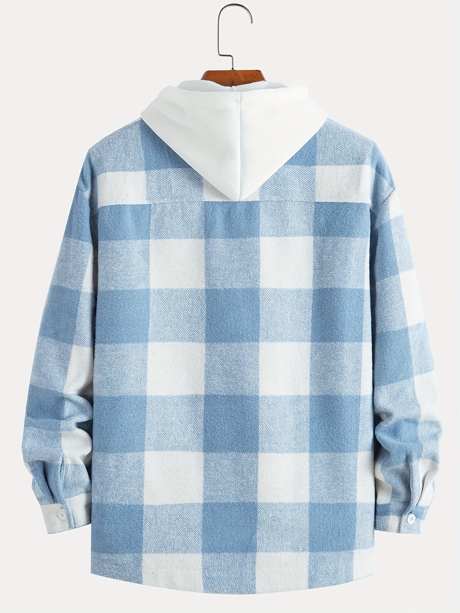 Plaid Shirt Collar Jacket Coat - Light Blue