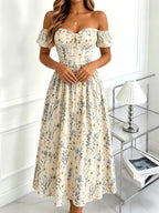 Shangyue Clothing Women'S New Elegant Waist-Cinching Printed Vacation Dress - Apricot