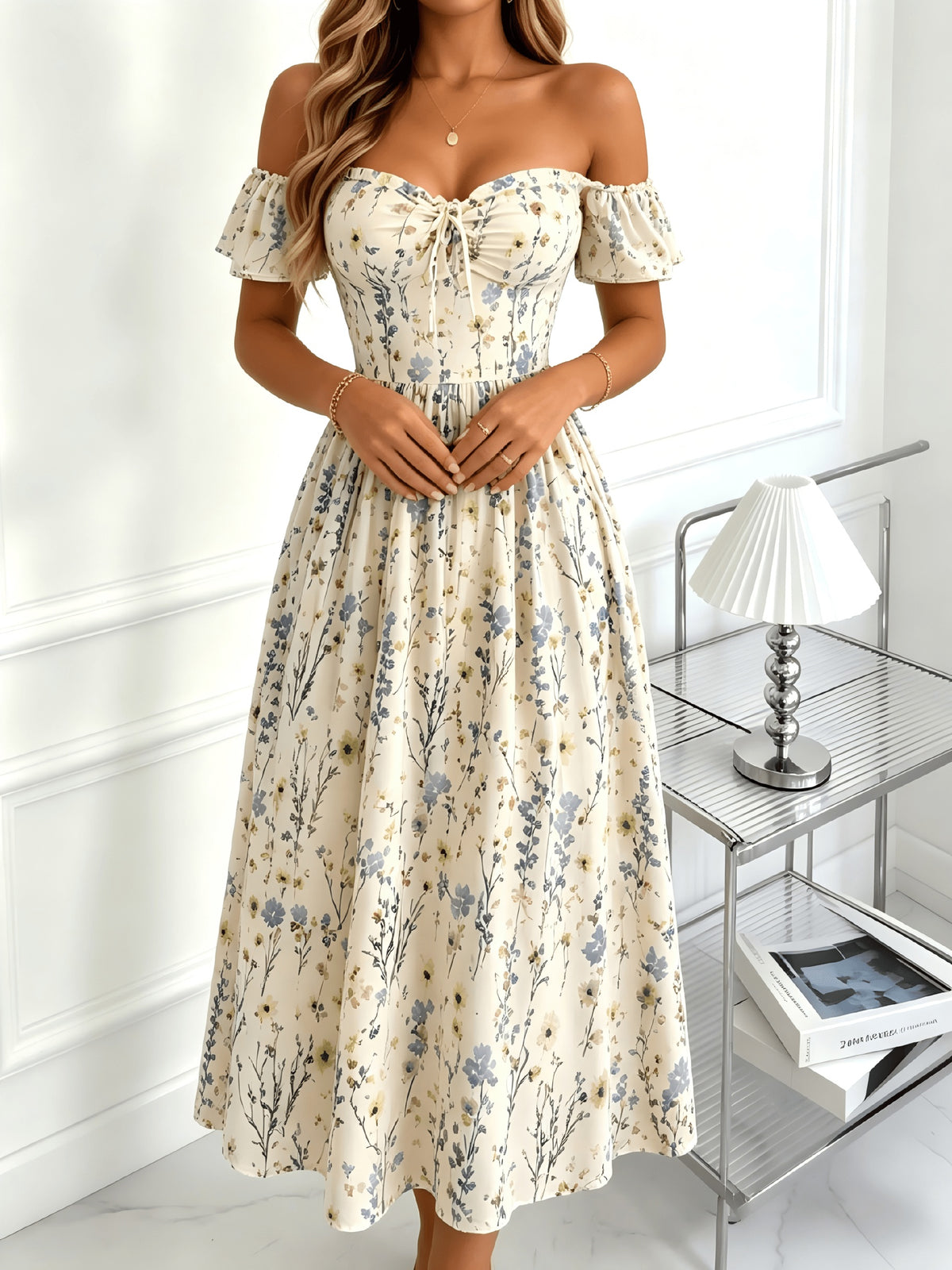 Shangyue Clothing Women'S New Elegant Waist-Cinching Printed Vacation Dress - Apricot