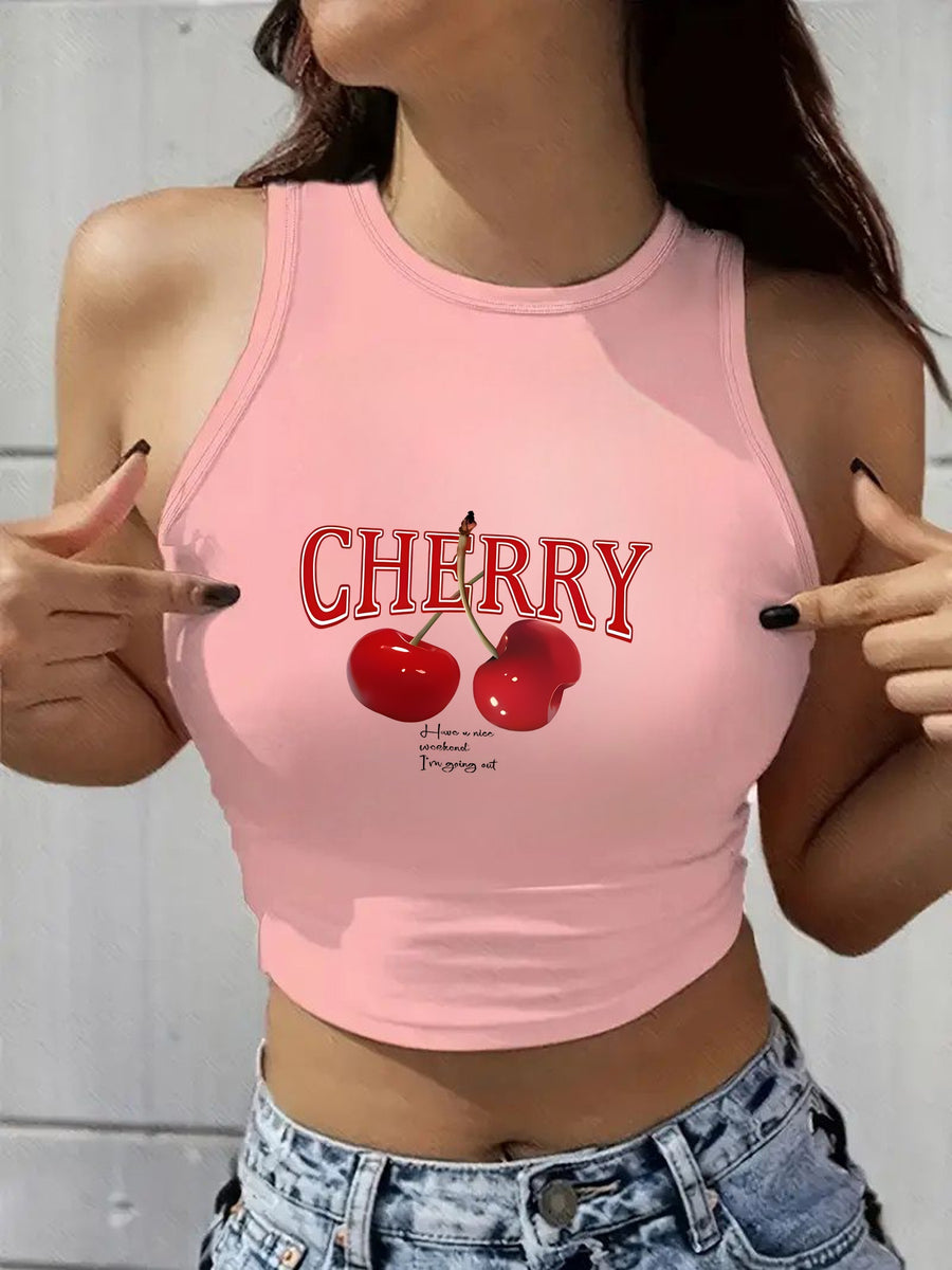 Women's Y2K Elegant Fashion Autumn/Summer Round Neck Tank Top, Cherry Print, Soft Fabric, Machine Washable Comfortable Knitwear, Trendy Four-Season Sexy Street Style, Popular Loose-Fit Comfortable Multi-Color Breathable Trendy Casual Top - Pink