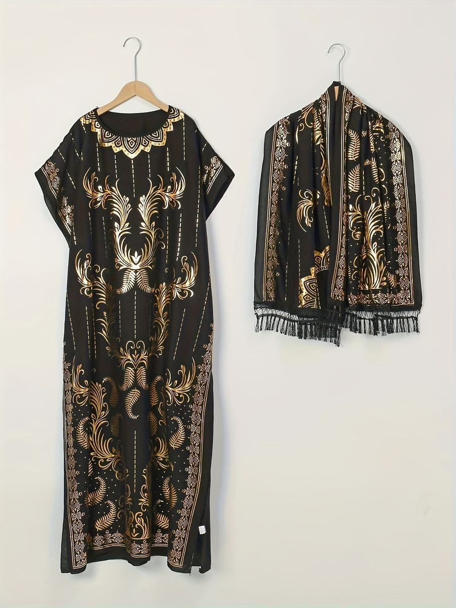 Women's Pattern Robe with Beige Tassel Set, Arabic Luxury Abaya, Headscarf, Elegant Round Neck Dress, Short Sleeve Style - Black Golden