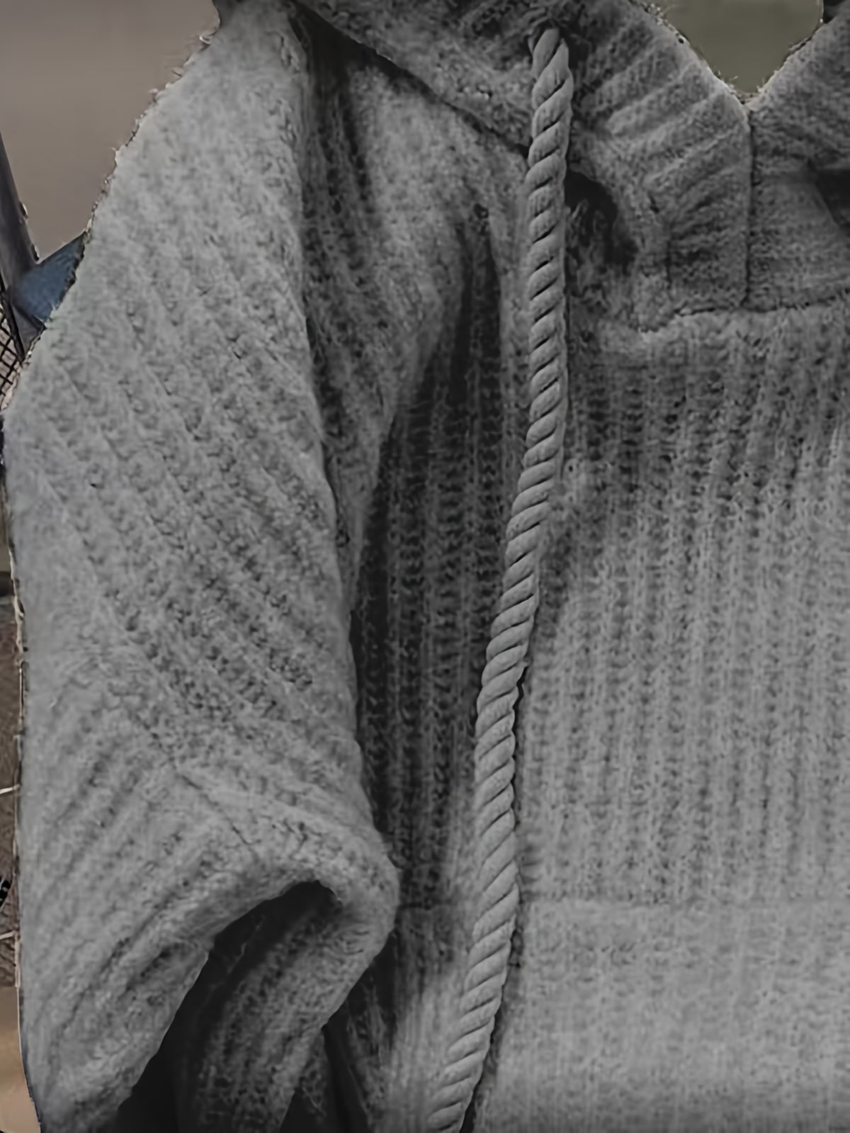 Hooded Chunky Cable- Sweater with Coarse Ribbed Texture, Tassels, Drawstring, Vertical Ribbed Detailing, and a Relaxed Fit. This Long-sleeve Pullover Features a Simple, Casual Design for a Laid-back and Effortless Look - Grey