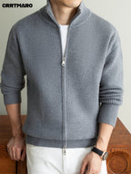 Men's Heavyweight Thick Striped Zip Neck Stand Collar Knit Cardigan, Warm Casual Layering Top for Fall and Winter - Grey