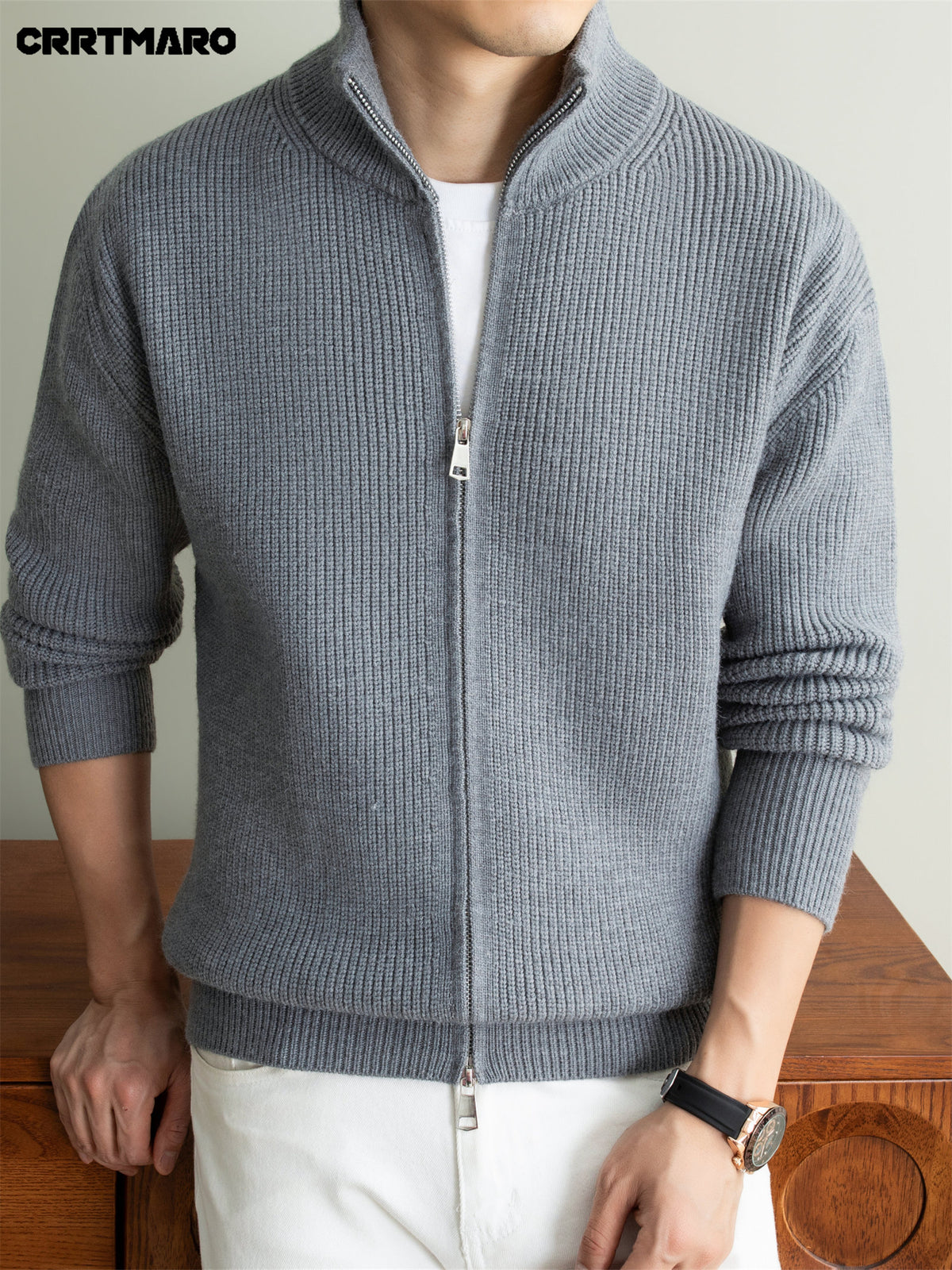 Men's Heavyweight Thick Striped Zip Neck Stand Collar Knit Cardigan, Warm Casual Layering Top for Fall and Winter - Grey