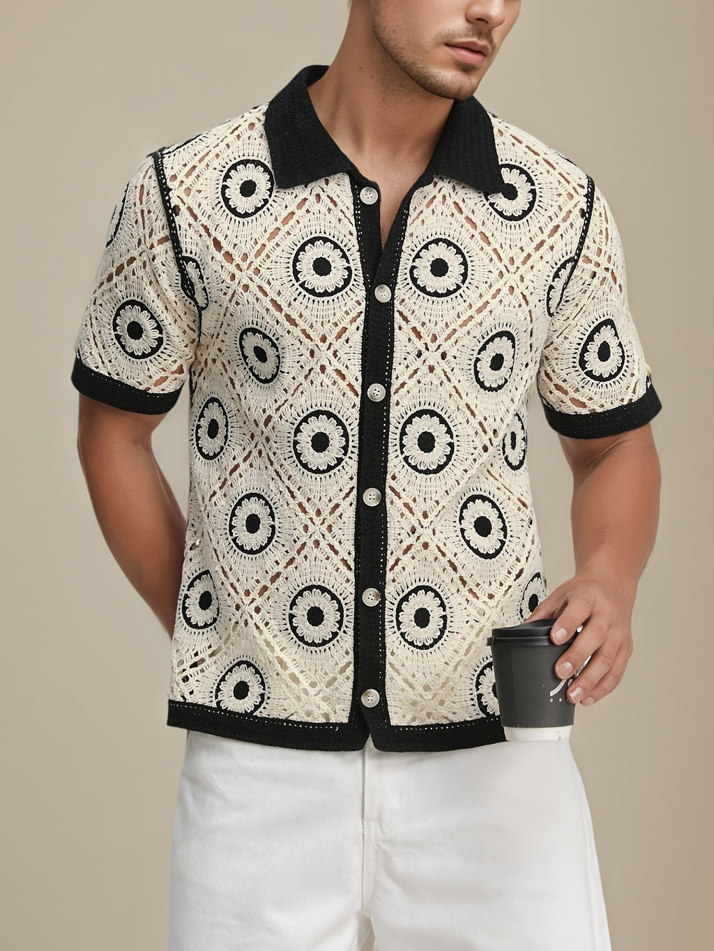 Men's Fashion Openwork Knitted Embroidery Summer Joker Collar Comfortable Cardigan Jacket, Suitable for Casual Wear. - Black