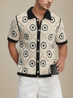 Men's Fashion Openwork Knitted Embroidery Summer Joker Collar Comfortable Cardigan Jacket, Suitable for Casual Wear. - Black
