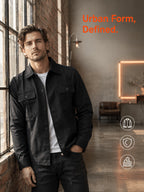 Men's City Casual Everyday Shirt Jacket, Loose Fit Black Solid Twill Outerwear, Double Chest Flap Pockets Breathable Wrinkle Free Top for Office Weekend Streetwear, Chinese Size, Please Check The Size Guide Carefully - Black