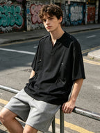 [Kuzan Yuki OBM] Men'S Summer New V-Neck Cargo Casual T-Shirt for Travel, Commute, Vacation, Individual, All-Match Fashion Tee - Black