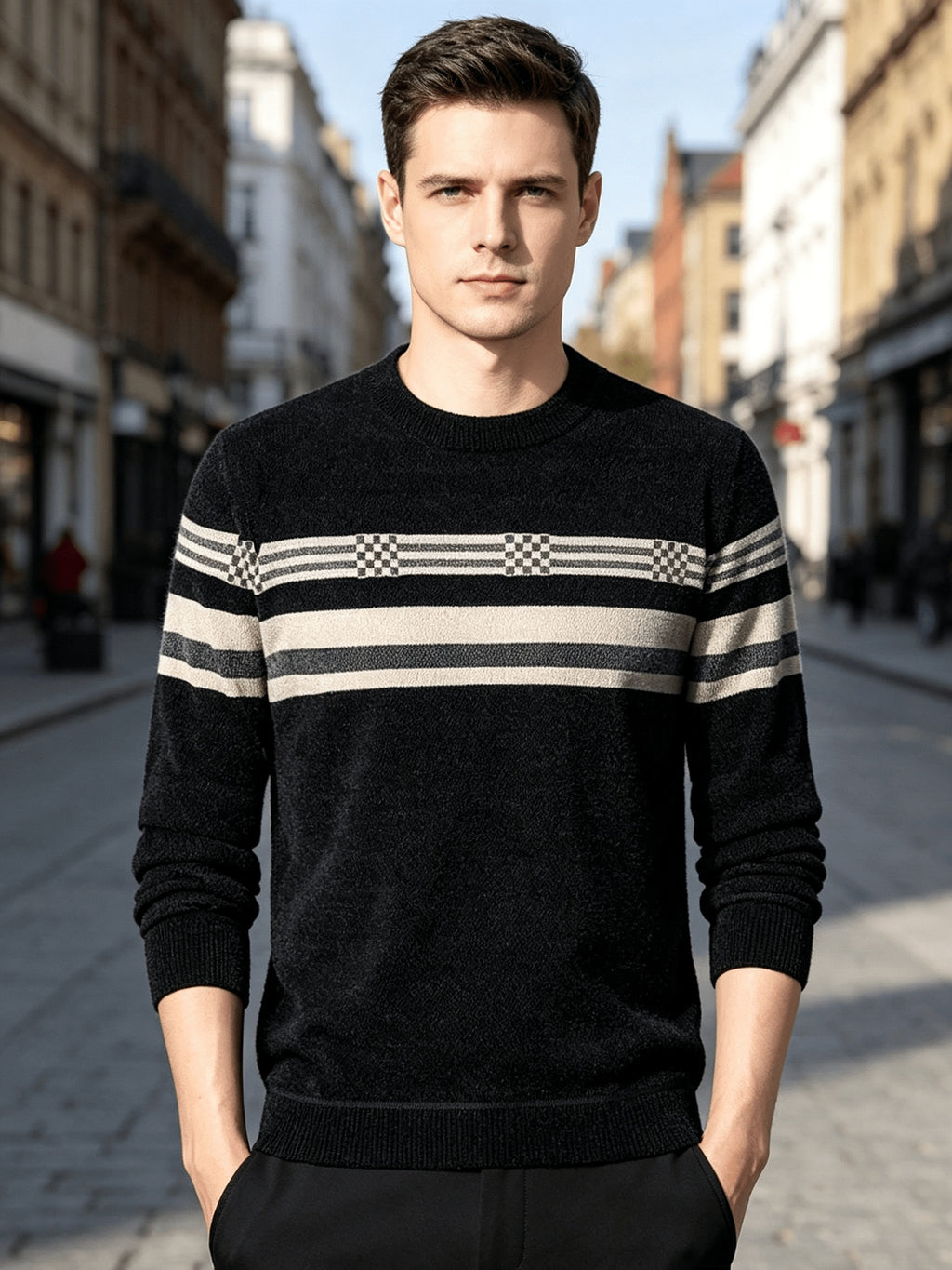New Winter Men's Sweater, Thickened and Fleece-Lined for Extra Warmth, All-Over Fleece with Stylish Pattern, Pullover Top, Comfortable and Versatile Men's Apparel - Black