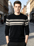 New Winter Men's Sweater, Thickened and Fleece-Lined for Extra Warmth, All-Over Fleece with Stylish Pattern, Pullover Top, Comfortable and Versatile Men's Apparel - Black