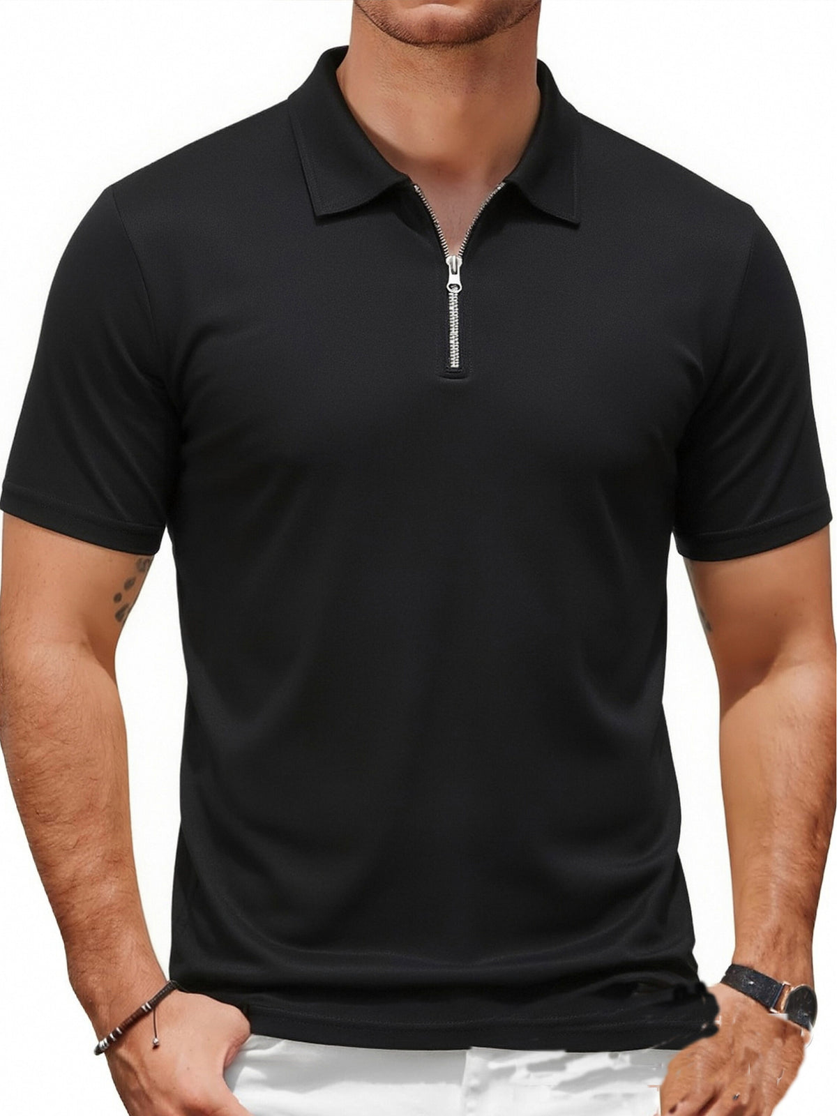 2pcs Men'S Sports Outdoor Casual Lapel Solid Color Breathable Zipper POLO Shirt - Black+red