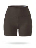 Summer Fashion Women's High-Waist 3-Inch Shorts with Pockets, Moisture-Wicking Summer Style - Anti-See-Through, Tummy Control, Non-Slip Waistband - Dark Brown