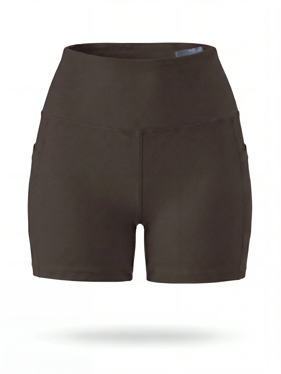 Summer Fashion Women's High-Waist 3-Inch Shorts with Pockets, Moisture-Wicking Summer Style - Anti-See-Through, Tummy Control, Non-Slip Waistband - Dark Brown