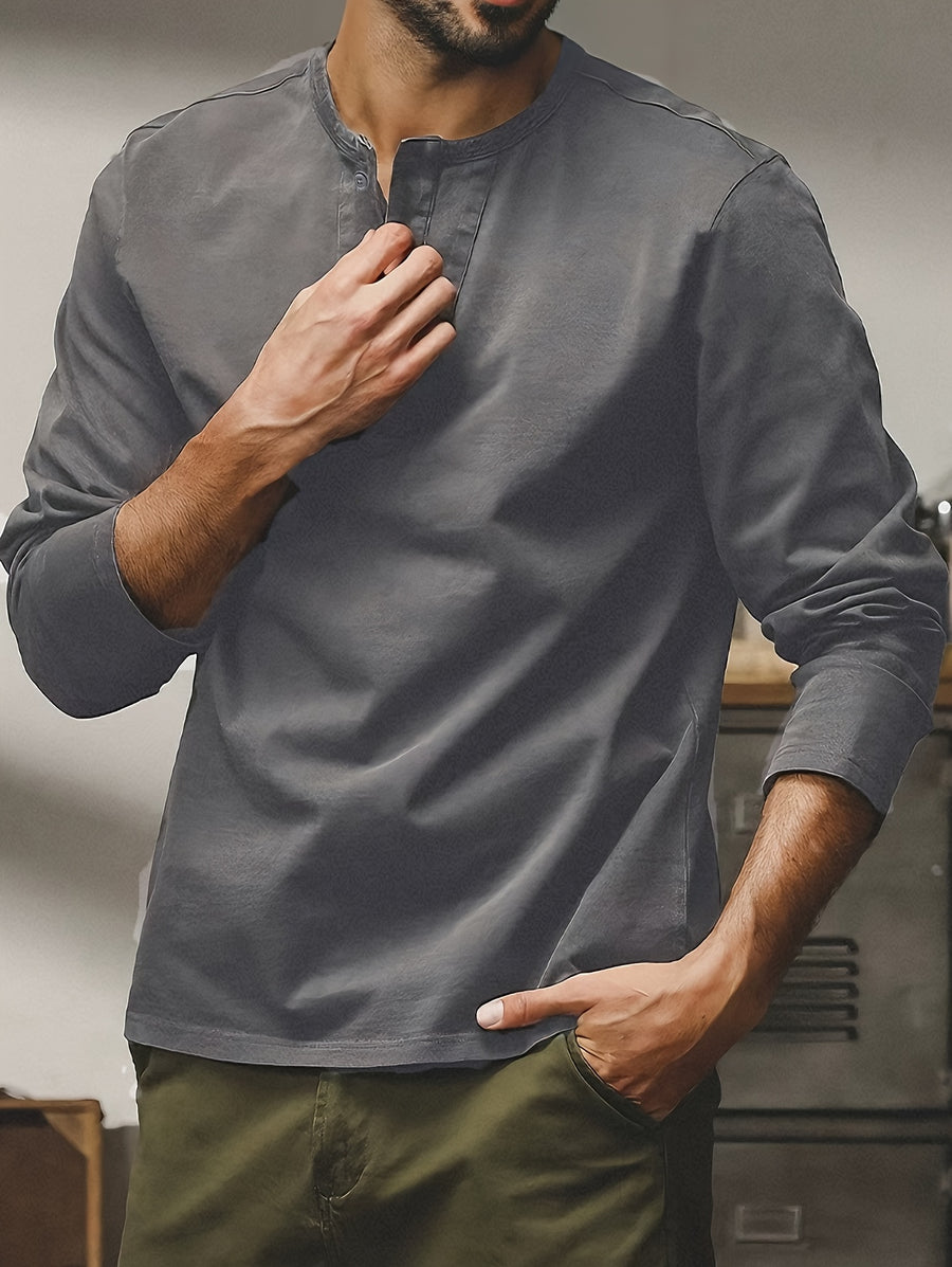 Men's Casual T-Shirt, Spring/Autumn Style, In Stock, American-Style Henry Collar Vintage Long-Sleeve T-Shirt, Men's Tough Guy Streetwear Brand, Simple Outerwear Base Layer Top for Men - Grey