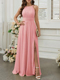 Solid Color Long Dress with Thin Spaghetti Straps, Pleated Detail, and Slit. Suitable for Weddings, Evening Banquets, Balls, Parties, Vacations, and Afternoon Tea Dates - pink color