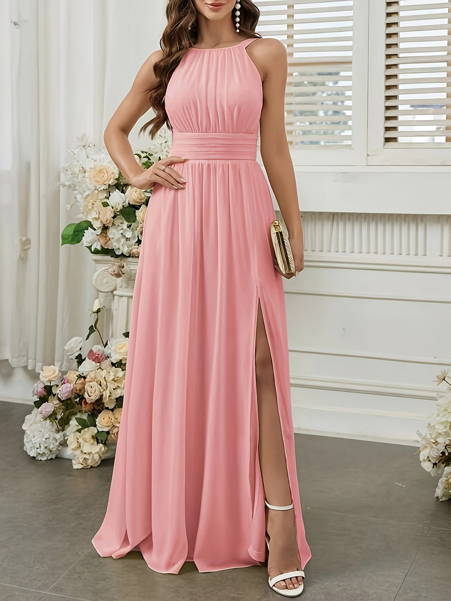 Solid Color Long Dress with Thin Spaghetti Straps, Pleated Detail, and Slit. Suitable for Weddings, Evening Banquets, Balls, Parties, Vacations, and Afternoon Tea Dates - pink color