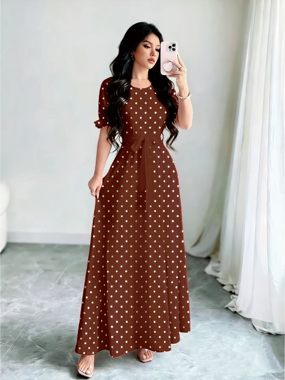 Elegant Summer Dress, Polka Dot Print Dress, Women's Fashion Round Neck Short Puff Sleeve Dress with Belted Waist, Long Dress ASD1 - Khaki