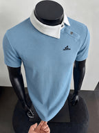 New Design Color-Blocked Slant Collar Short-Sleeve T-Shirt for Men, Summer Trendy  Irregular Collar Business Casual White Letter Print Polo - Sky Blue