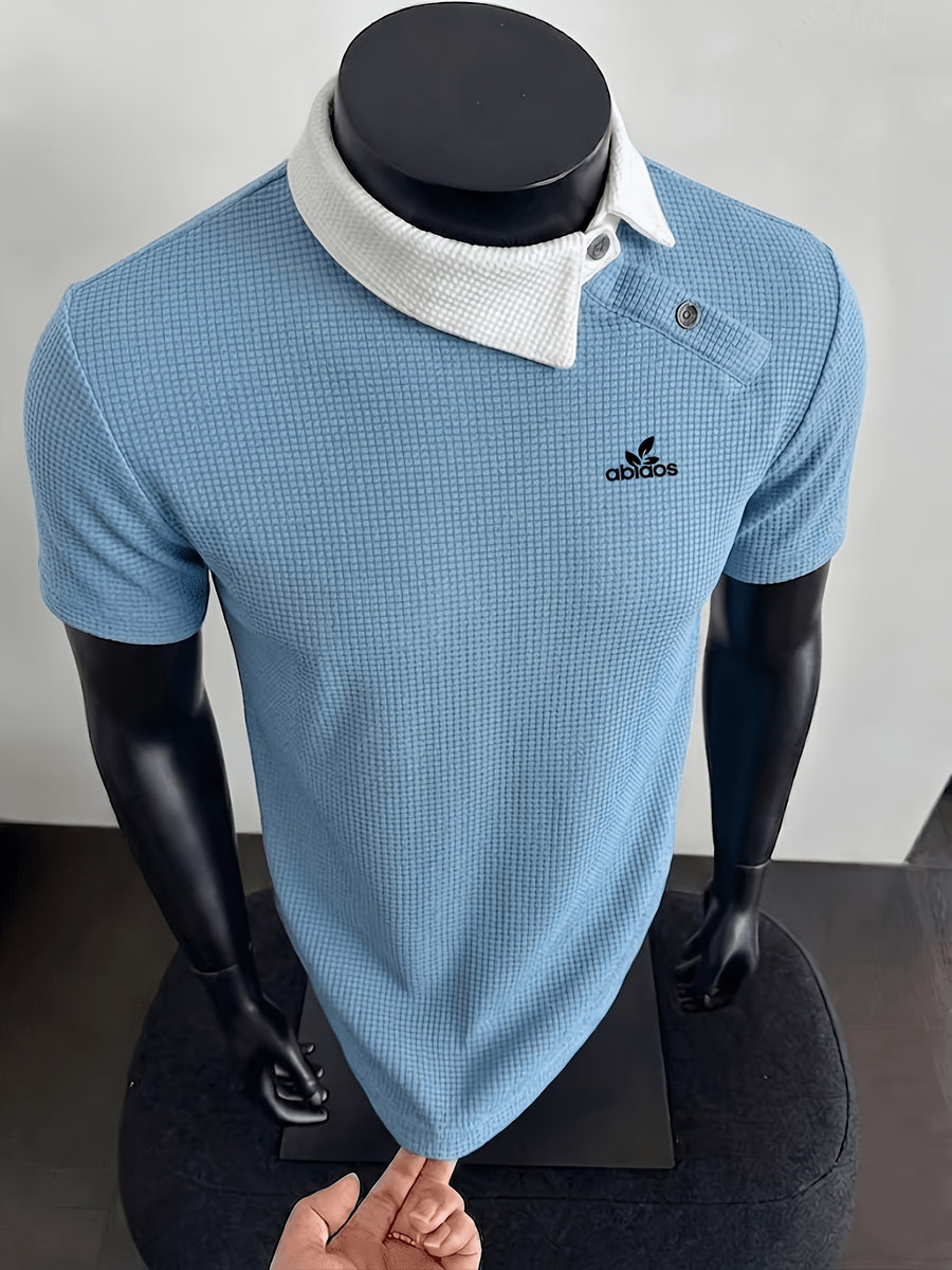 New Design Color-Blocked Slant Collar Short-Sleeve T-Shirt for Men, Summer Trendy  Irregular Collar Business Casual White Letter Print Polo - Sky Blue