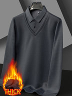 Autumn/Winter Men's 2-in-1 Look Shirt Collar Top with Striped Sleeves, Thick and Warm, Well-Fitted Cut, Versatile Pullover for Commuting - Medium Gray