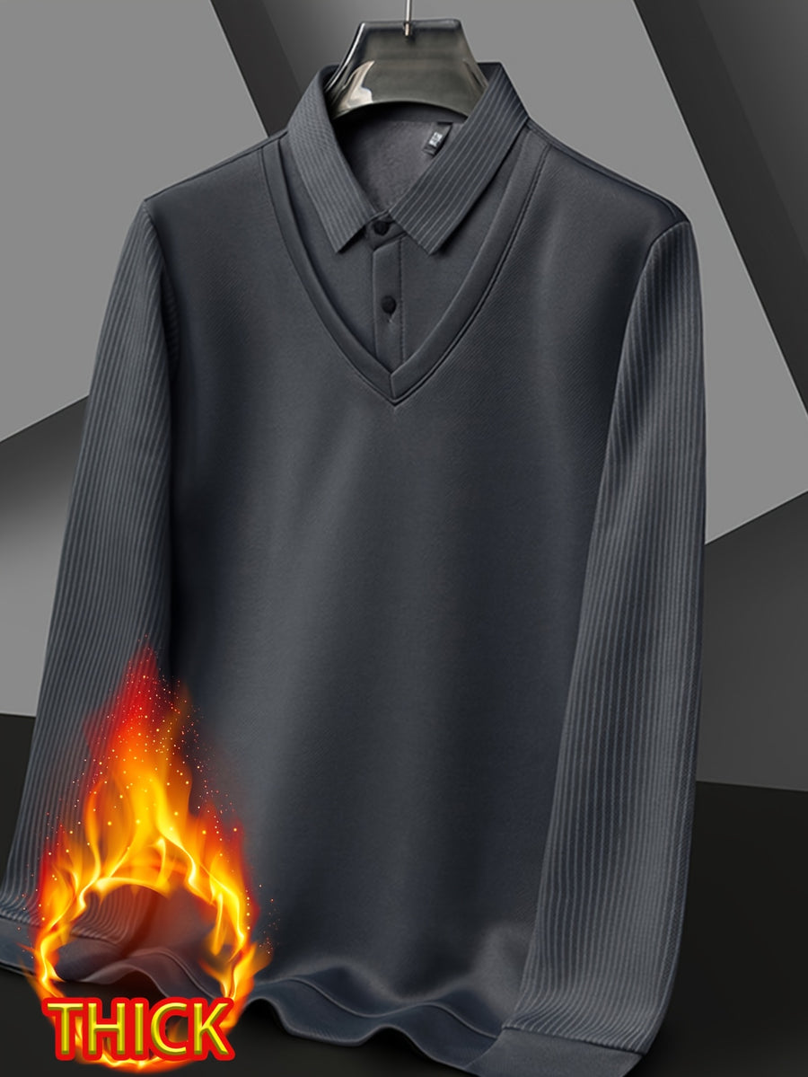 Autumn/Winter Men's 2-in-1 Look Shirt Collar Top with Striped Sleeves, Thick and Warm, Well-Fitted Cut, Versatile Pullover for Commuting - Medium Gray
