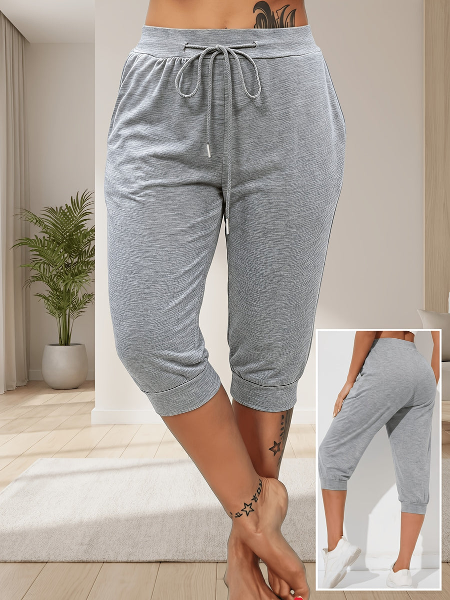 European and American Style High-Waist Cropped Sweatpants for Women, Summer Running Casual Jogger Pants with Pockets, Comfortable and Breathable Versatile Harem Pants for Home Wear - Light Grey
